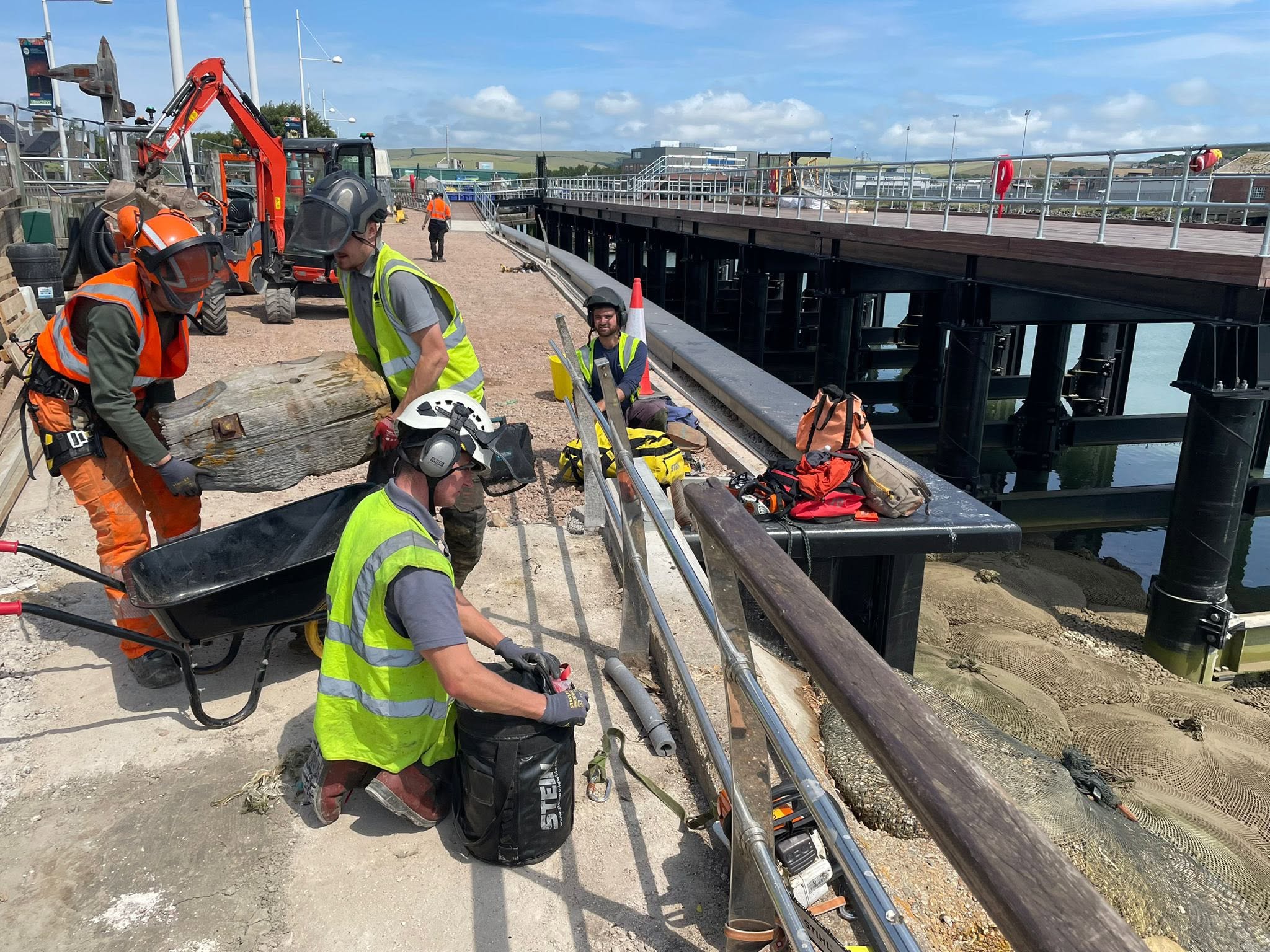 The Tree Wizard crew in hi-vis on Newhaven Harbour West Quay with the old pilings and an excavator