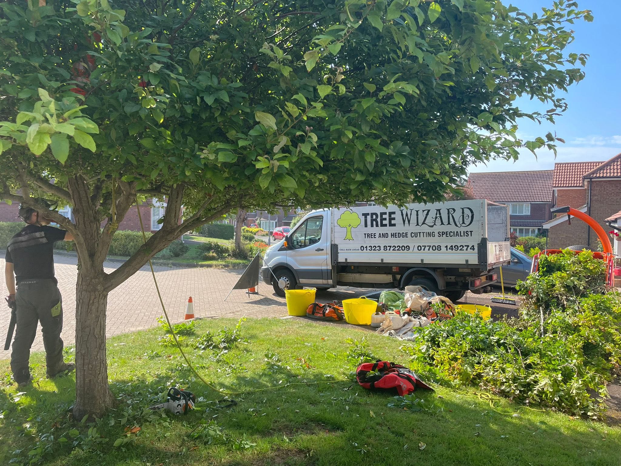 Tree Wizard van and chipper on a driveway during a front garden job